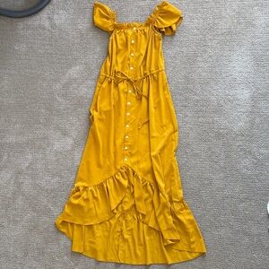 Yellow Button-Down off the shoulder maxi Dress